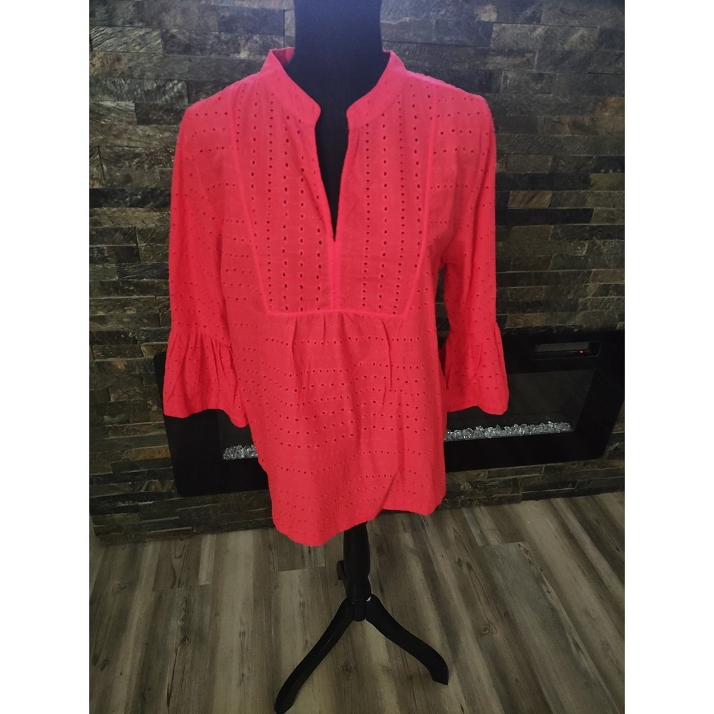 Jennifer & Grace Cotton Coral Eyelet Top With Bell Sleeves Size M New With Tag